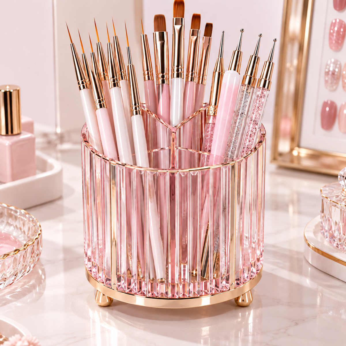 Pink Crystal Ribbed Glass Nail Brush Holder