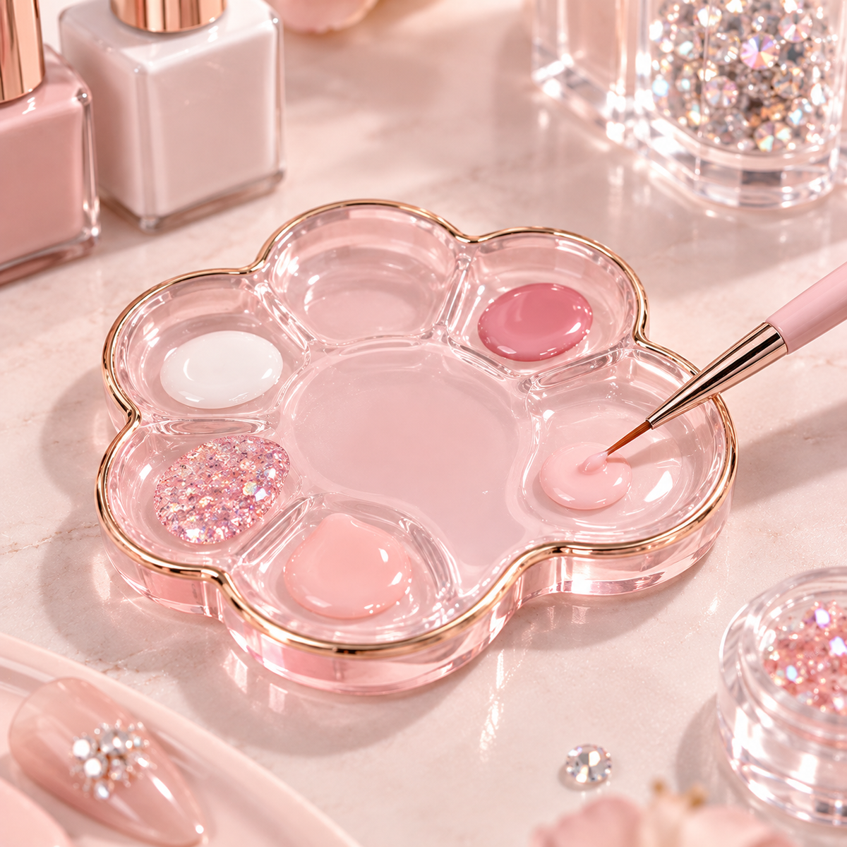 Luxury Pink Gold Rim Flower Petal Acrylic Nail Art Palette