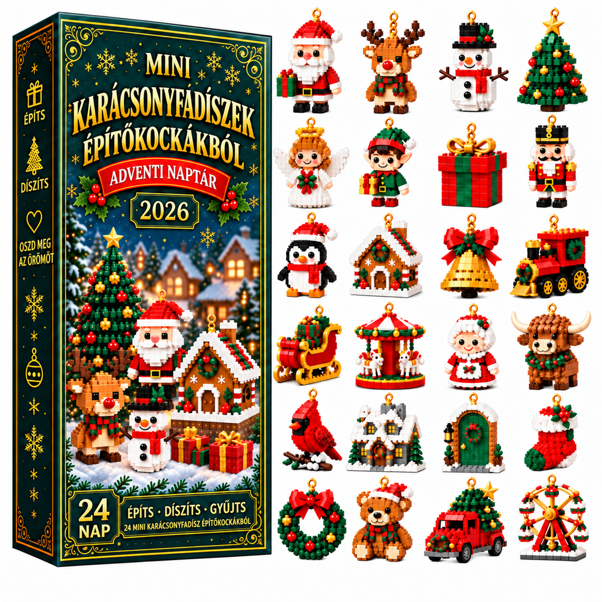 BILLHOL® 🎄 Karácsonyi Adventi Naptár – 24 Napnyi Meglepetés, 24 Mini Építőkocka-Dísz