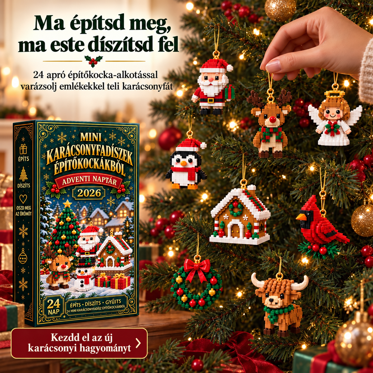 BILLHOL® 🎄 Karácsonyi Adventi Naptár – 24 Napnyi Meglepetés, 24 Mini Építőkocka-Dísz