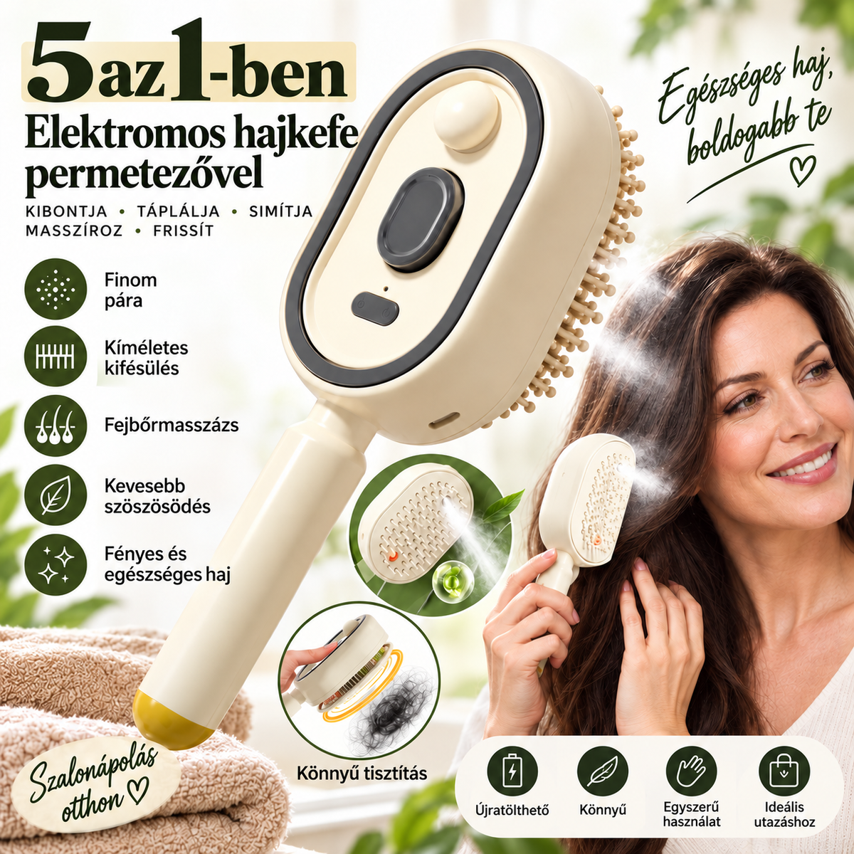 BILLHOL® ✨ Elektrický rozprašovací kartáč na vlasy 5 v 1 – Hladké, lesklé vlasy bez krepatění | Rozčesává, masíruje a osvěžuje