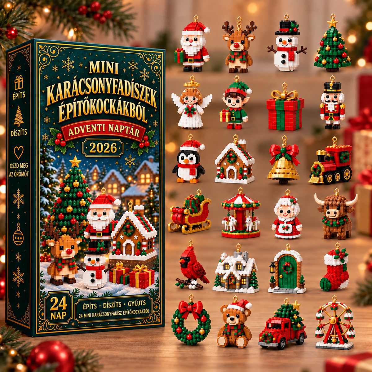 BILLHOL® 🎄 Karácsonyi Adventi Naptár – 24 Napnyi Meglepetés, 24 Mini Építőkocka-Dísz