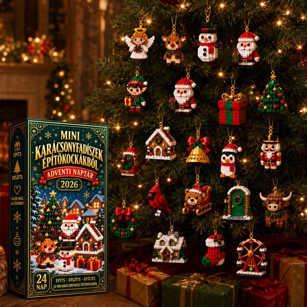 BILLHOL® 🎄 Karácsonyi Adventi Naptár – 24 Napnyi Meglepetés, 24 Mini Építőkocka-Dísz