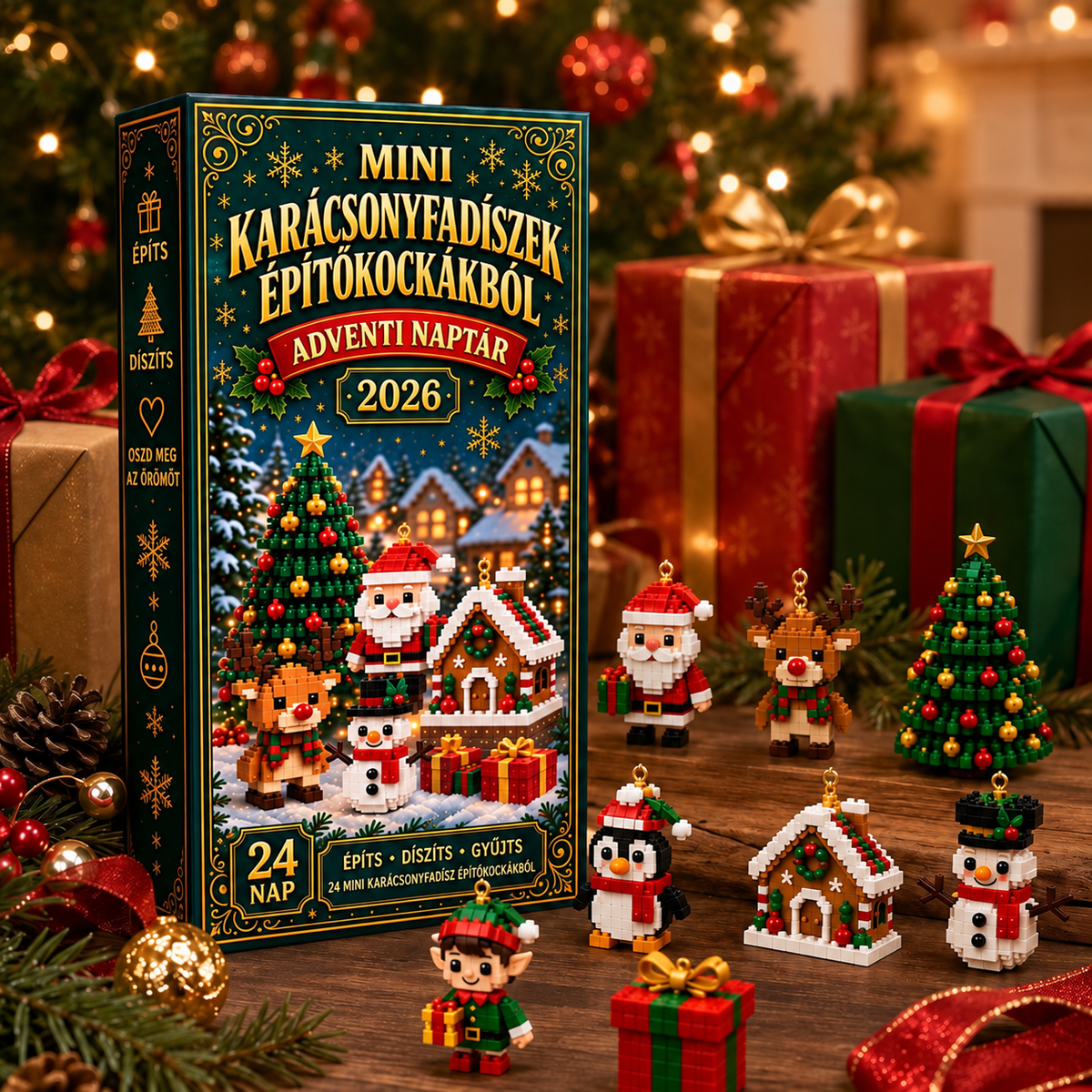 BILLHOL® 🎄 Karácsonyi Adventi Naptár – 24 Napnyi Meglepetés, 24 Mini Építőkocka-Dísz