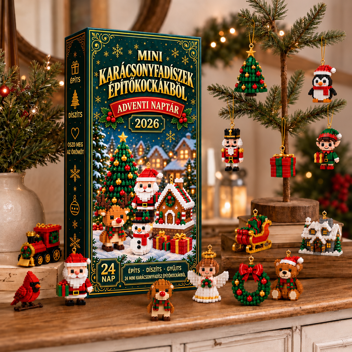 BILLHOL® 🎄 Karácsonyi Adventi Naptár – 24 Napnyi Meglepetés, 24 Mini Építőkocka-Dísz