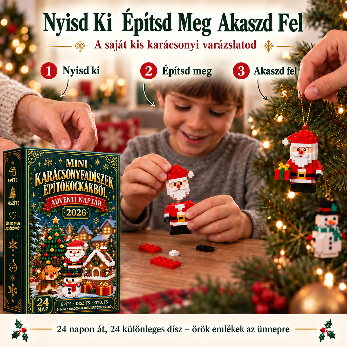 BILLHOL® 🎄 Karácsonyi Adventi Naptár – 24 Napnyi Meglepetés, 24 Mini Építőkocka-Dísz