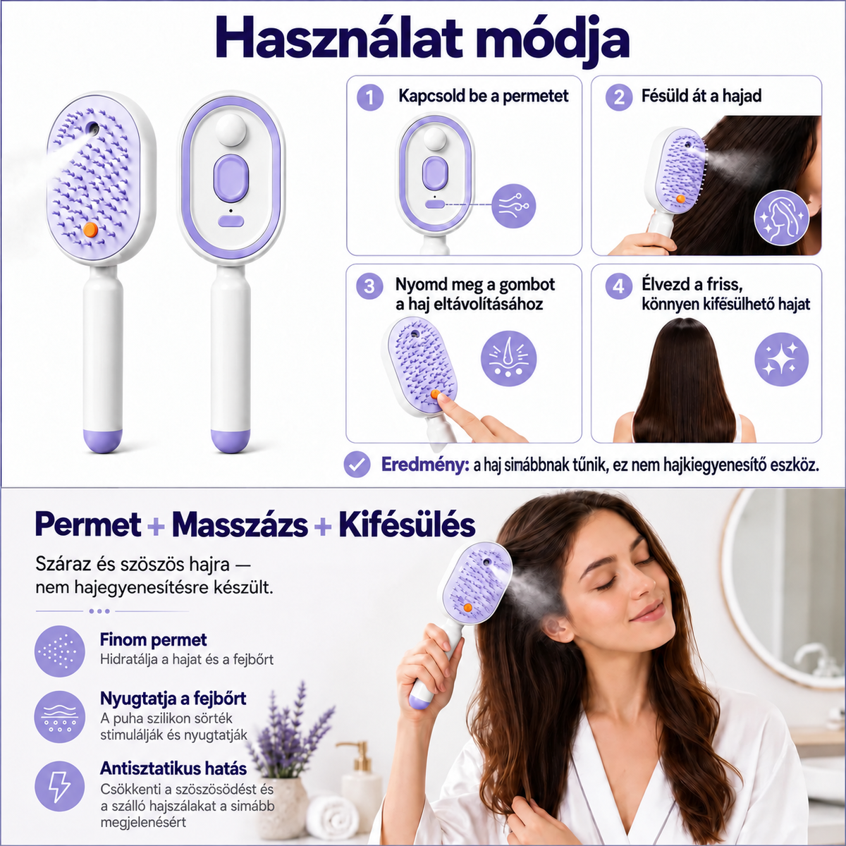 BILLHOL® ✨ Elektrický rozprašovací kartáč na vlasy 5 v 1 – Hladké, lesklé vlasy bez krepatění | Rozčesává, masíruje a osvěžuje