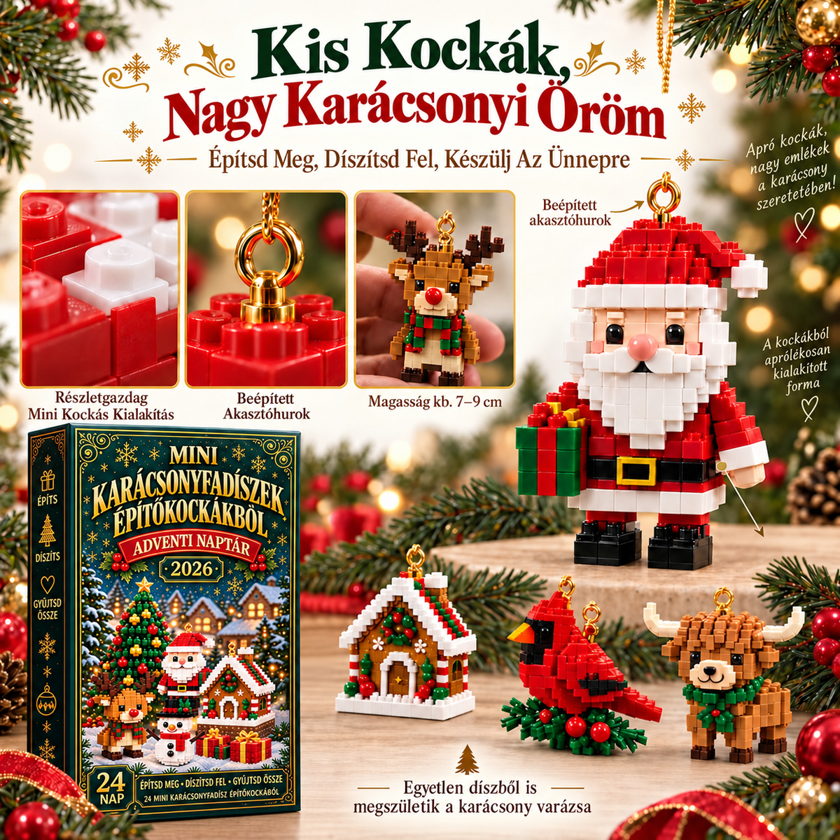 BILLHOL® 🎄 Karácsonyi Adventi Naptár – 24 Napnyi Meglepetés, 24 Mini Építőkocka-Dísz