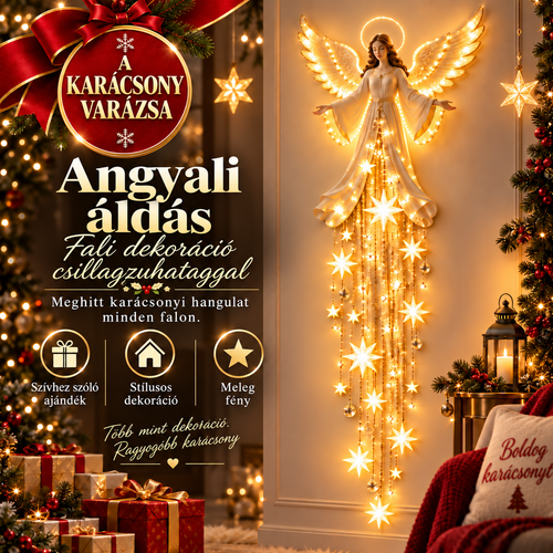 Billhol®👼 Angyali Áldás – Prémium Karácsonyi Fali Fénydekoráció Ragyogó Csillagzuhataggal